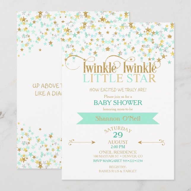 Invitation Fête bébé scintillement petite étoile or et menthe (Devant / Derrière)
