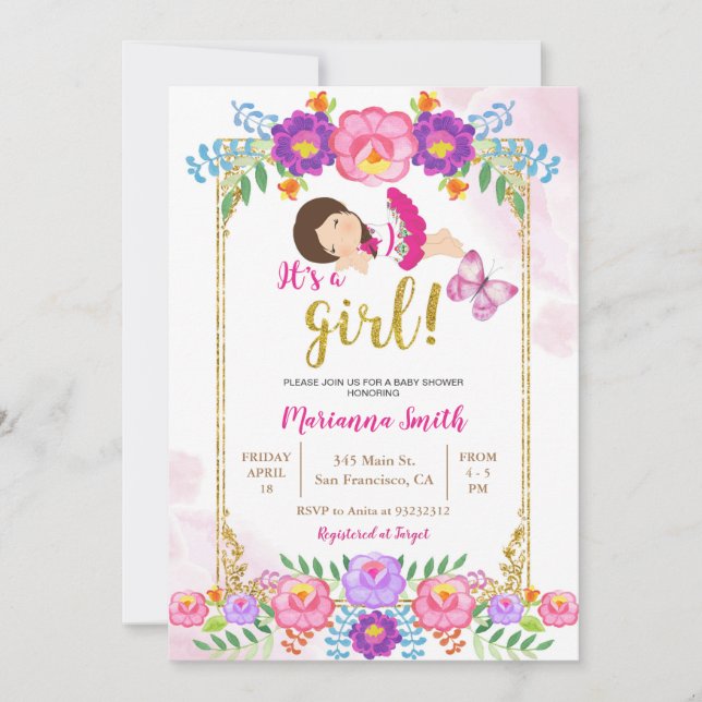 Invitation Fête bébé Shower Fleur Papillon Mexicaine  (Devant)