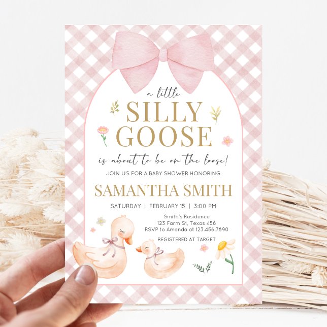 Invitation Fête bébé Silly Goose à carreaux roses (Silly Goose Baby Shower Invitation)