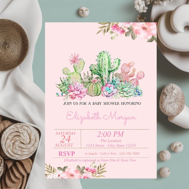 Invitation Fête bébé Succulent Aquarelle, Fleur  (Créateur téléchargé)