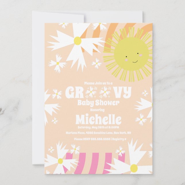 Invitation Fête bébé Summer Daisy Groovy Sun Rainbow  (Devant)