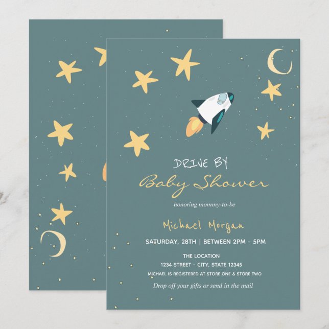 Invitation Fête bébé surprise en voiture fusée stellaire  (Devant / Derrière)