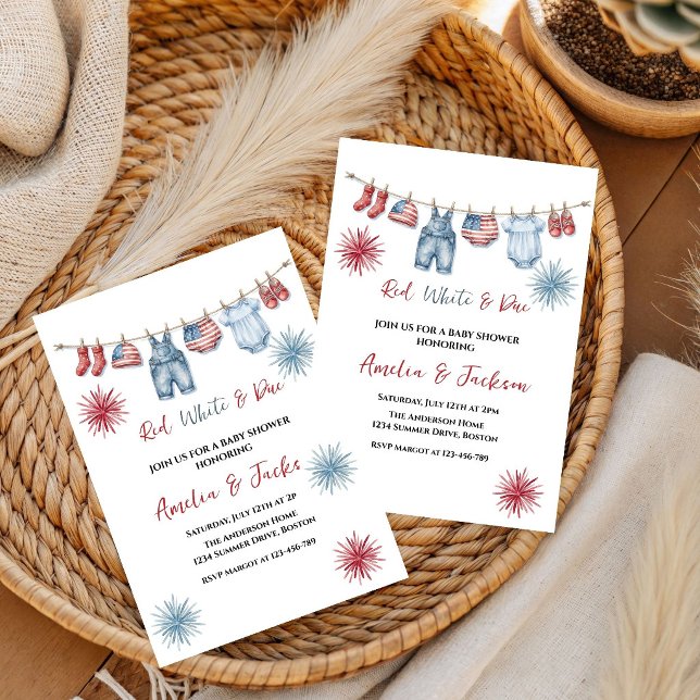 Invitation Fête Bébé Thème 4 Juillet Ruban Rouge Blanc et Béb (Créateur téléchargé)