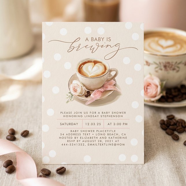 Invitation Fête bébé Thème Café au Lait avec un Nœud Rose (Latte Heart Coffee Themed Baby Shower Invitation)