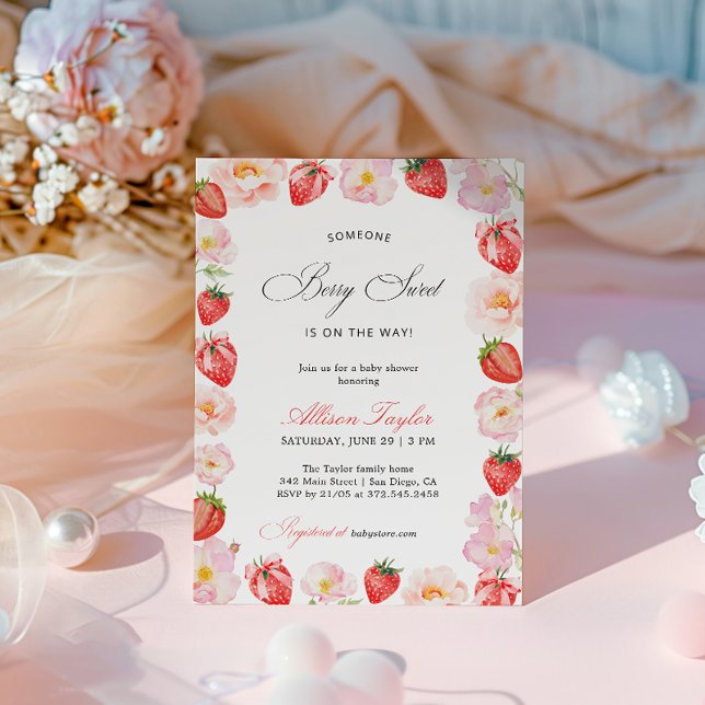 Invitation Fête bébé thème floral à ruban rose fraise (Créateur téléchargé)