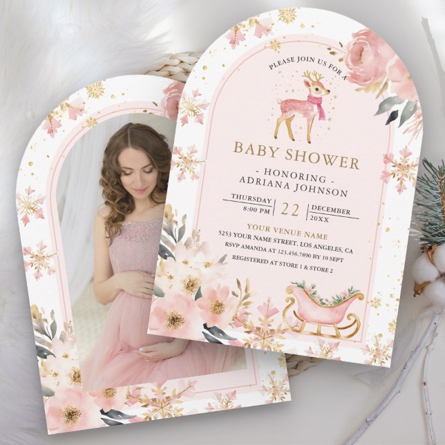 Invitation Fête bébé thème forêt enchantée de cerf rose en hi (Créateur téléchargé)
