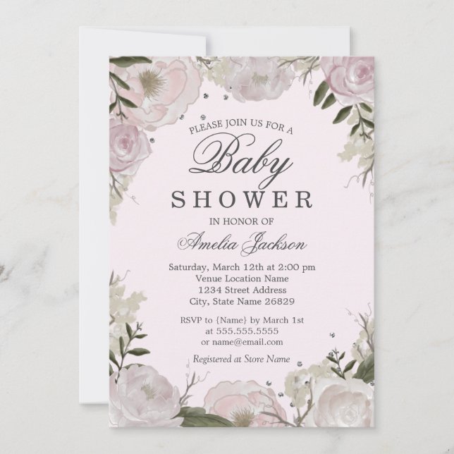 Invitation Fête bébé thème Rose Florale Argent Rose (Devant)