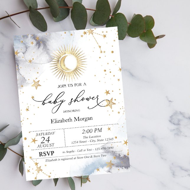 Invitation Fête bébé thème Soleil, Lune, Étoiles célestes (Créateur téléchargé)