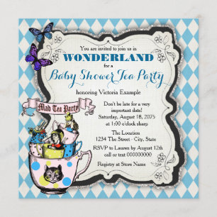 Invitation Fête bébé thème Wonderland Mad Hatter Tea Party