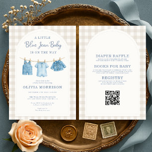 Invitation Fête bébé tout-en-un bleu jean neutre Bébé 