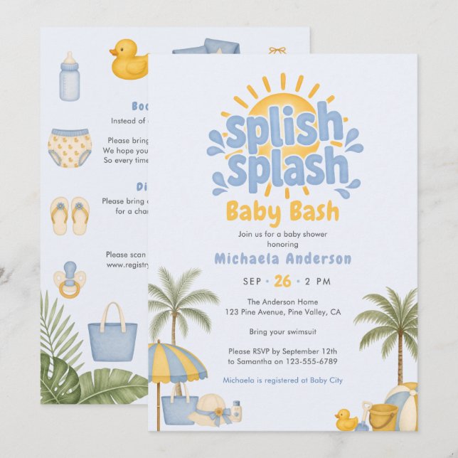 Invitation Fête bébé tout-en-un Piscine/Plage Splish Splash (Devant / Derrière)