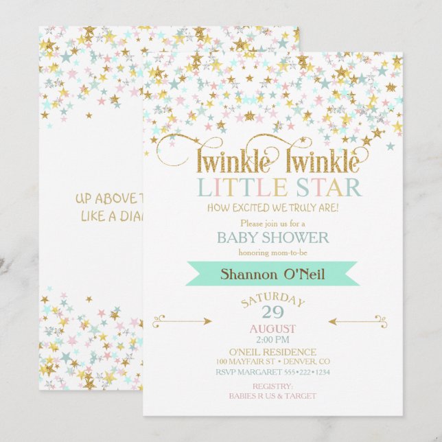 Invitation Fête bébé Twinkle Little Star de n'importe quelle  (Devant / Derrière)