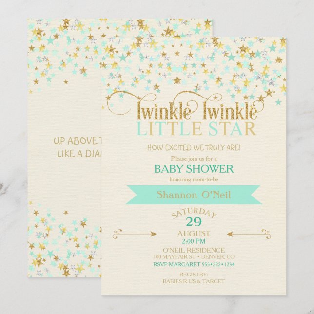 Invitation Fête bébé Twinkle Little Star Or & Menthe (Devant / Derrière)