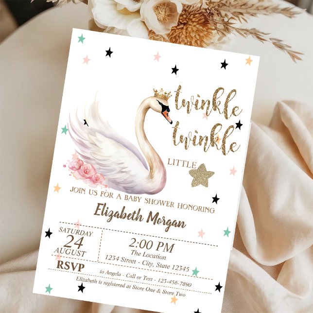 Invitation Fête Bébé Twinkle Twinkle, Fleurs de Cygne (Créateur téléchargé)