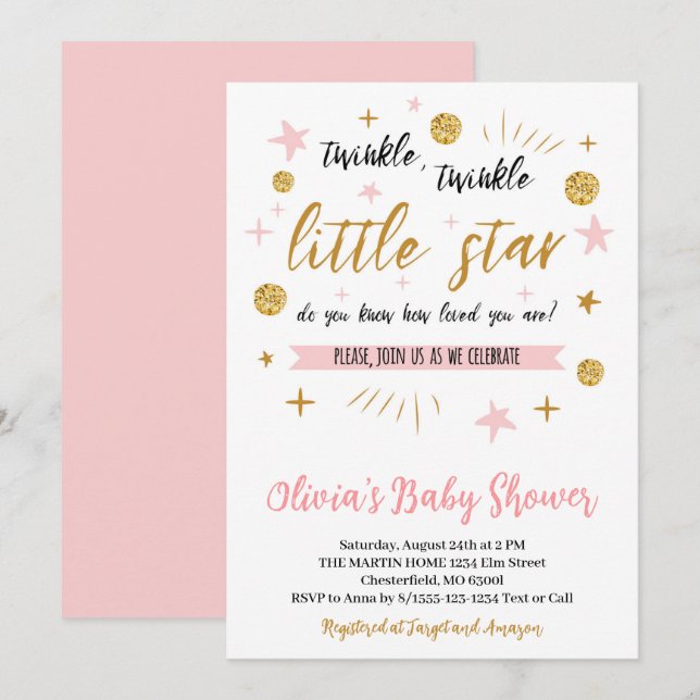 Invitation Fête bébé Twinkle Twinkle Little Star, Or Rose (Devant / Derrière)