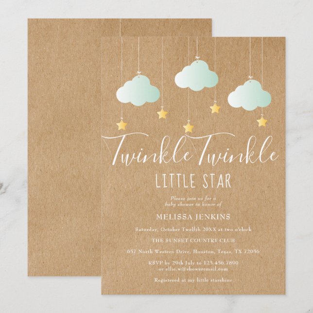 Invitation Fête bébé Twinkle Twinkle / Sprinkle Rustique Bohè (Devant / Derrière)