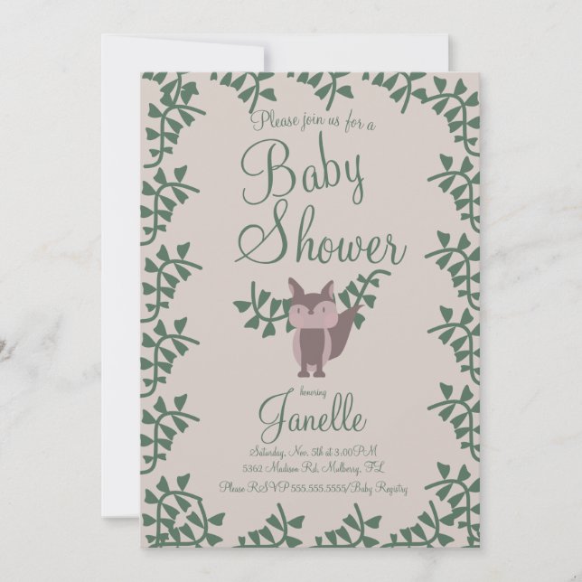 Invitation Fête bébé verdure renard de la forêt rustique  (Devant)