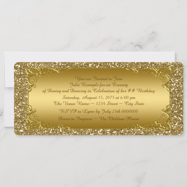 Invitation Fête Billet Doré Paillettes D'or (Devant)