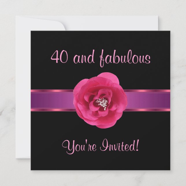 Invitation Fête Black Pink Fleur Fabuleuse 40ème (Devant)