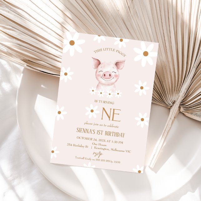 Invitation Fête blanche moderne Petit Chien 1er Anniversaire (Little Piggy 1st Birthday Invitation Girl Modern White Daisy Retro Our Little Piggy First Birthday)