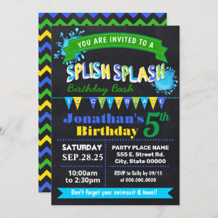 Invitation Fête bleue d'anniversaire de Splash Splish Chalkbo