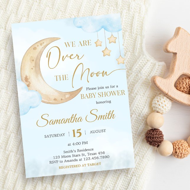 Invitation Fête Bleue pour la Baby Shower  (Over the Moon Baby Shower Invitation)