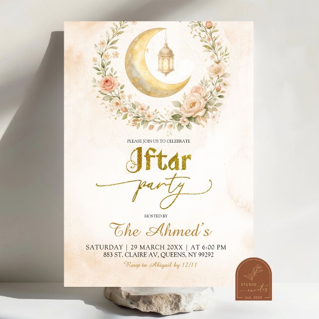 Invitation Fête Boho Beige Floral Crescent Ramadan Iftar (Créateur téléchargé)