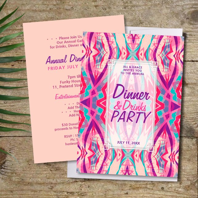 Invitation Fête Boho Chic Boissons Dîner Rose Violet Aqua (Créateur téléchargé)