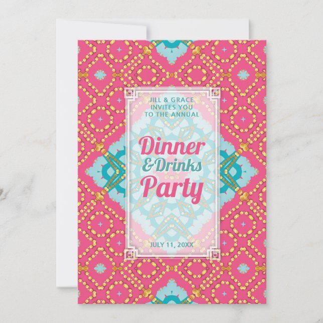 Invitation Fête Boho Chic de verres Dîner Rose sarcelle Or (Devant)
