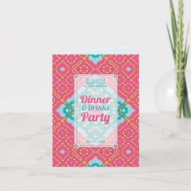 Invitation Fête Boho Chic Soirée Dîner Boissons Rose Turquois (Devant)