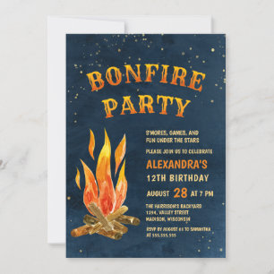Invitation Fête Bonfire Aquarelle Bleu Orange Anniversaire