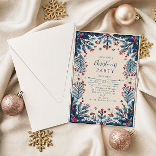 Invitation Fête botanique vintage rouge et bleue