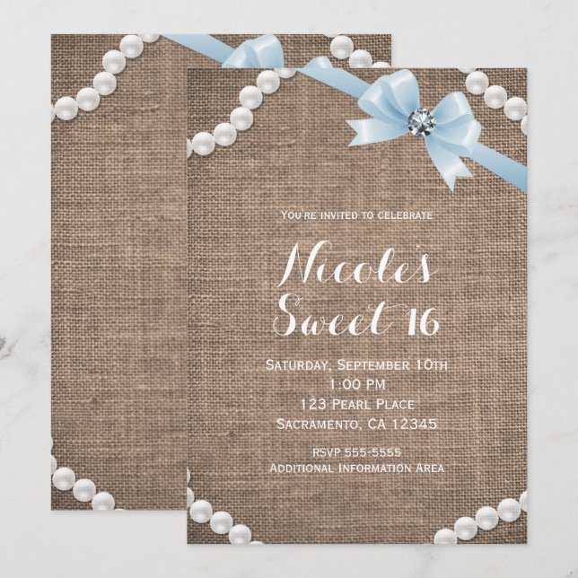 Invitation Fête Burlap & Pearls Blue Bow Glamour Sweet 16 (Devant / Derrière)