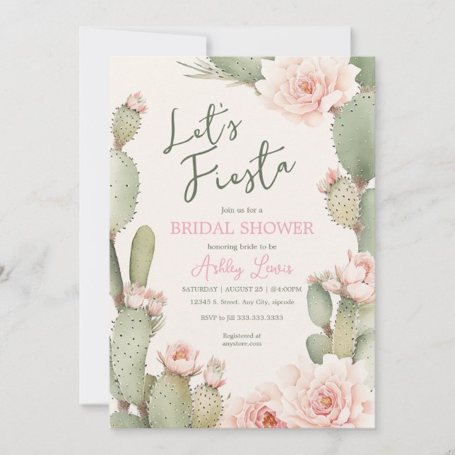 Invitation Fête Cactus Bohème Réception de Mariage Fleurs ros (Devant)