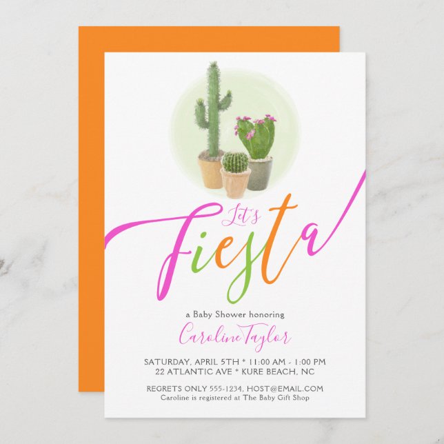 Invitation Fête Cactus Néon Rose Orange Baby Shower (Devant / Derrière)