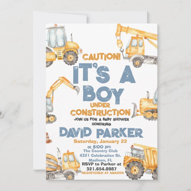 Invitation Fête Camion à benne "C'est un garçon" Construction (Devant)