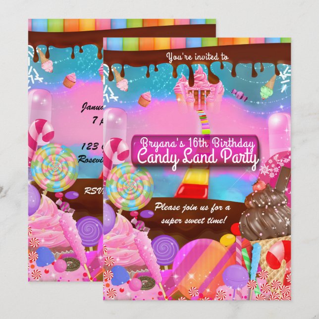 Invitation Fête Candy Land Fantaisie Anniversaire Personnalis (Devant / Derrière)