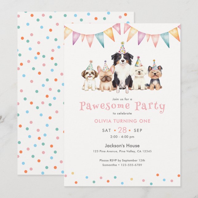 Invitation Fête Canine Incroyable pour les Un Ans de la Petit (Devant / Derrière)