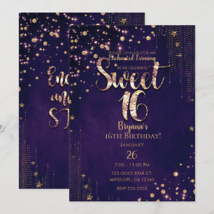Invitation Fête capricieuse "Sweet 16" étoilée pourpre et or