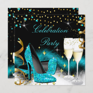 Invitation Fête Champagne Party Turquoise Bleu Haut talons