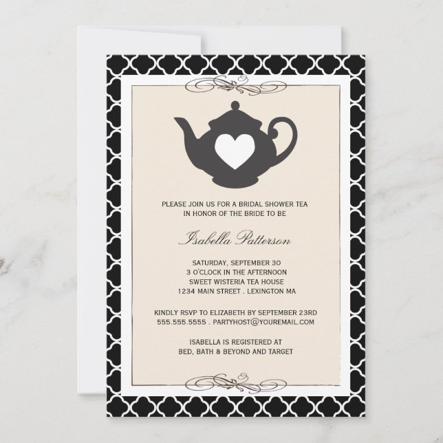 Invitation Fête Chic Black Tan Teapot Fête de l'mariée Tea Pa (Devant)