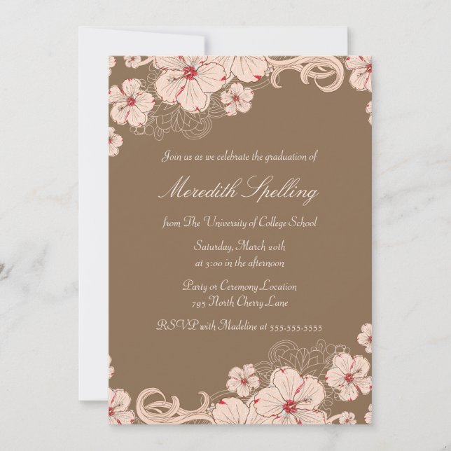 Invitation Fête chic de graduation rose + cerisier brun (Devant)