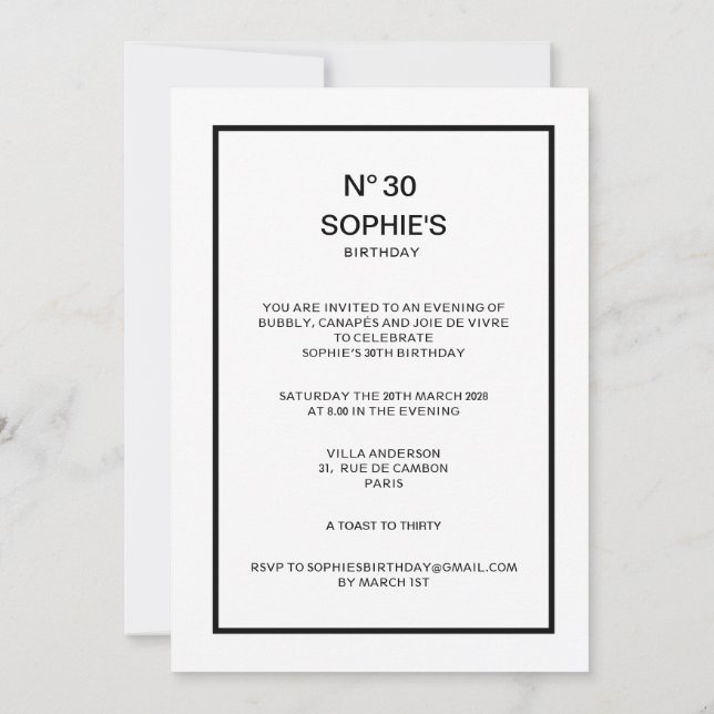 Invitation Fête chic française n° 30 pour 30 ans (Dos)