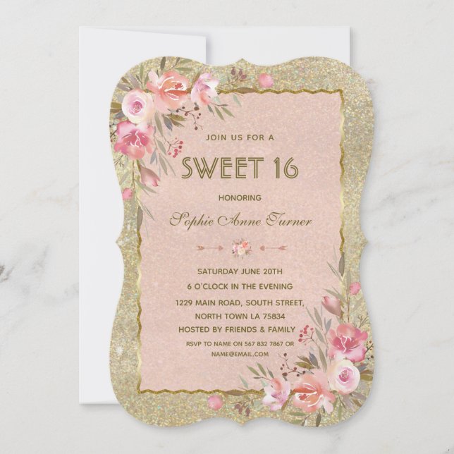 Invitation Fête Chic Glitter Doré Blush Floral Sweet Seize an (Devant)