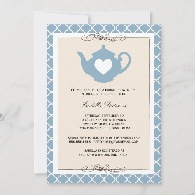 Invitation Fête Chic Tan & Blue Teapot Fête de l'mariée Tea P (Devant)