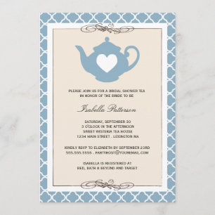 Invitation Fête Chic Tan & Blue Teapot Fête de l'mariée Tea P