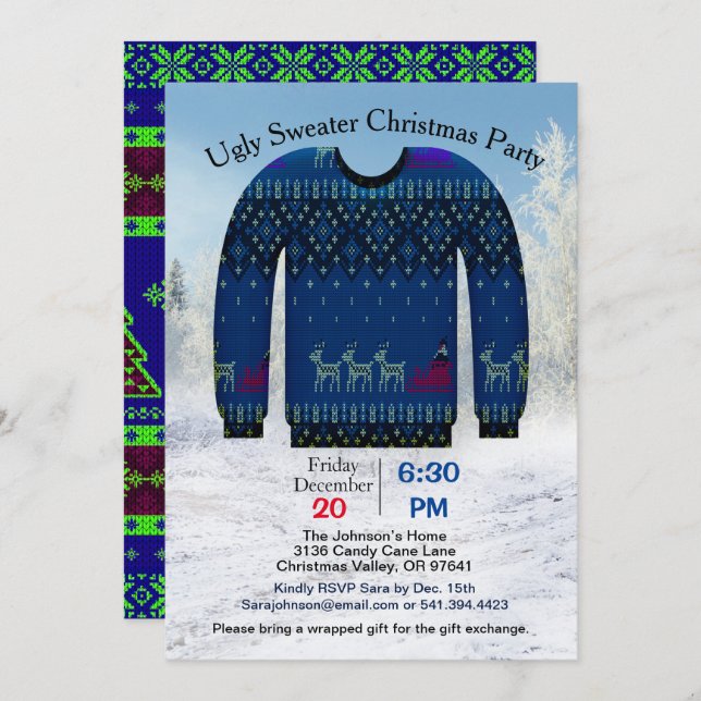 Invitation Fête chrétienne d'Ugly Sweater, Blue with Deer, ZP (Devant / Derrière)
