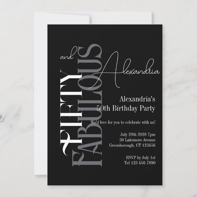 Invitation Fête Cinquante et Fabuleuse Noir Gris Blanc (Devant)