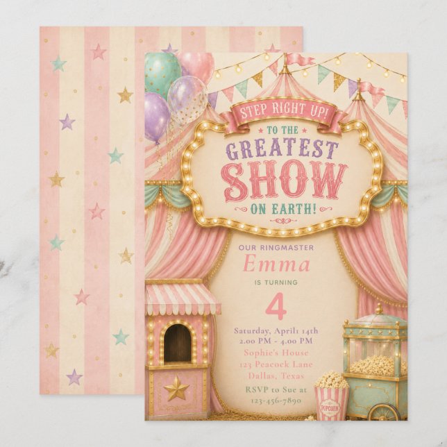 Invitation Fête Cirque Pastel (Devant / Derrière)