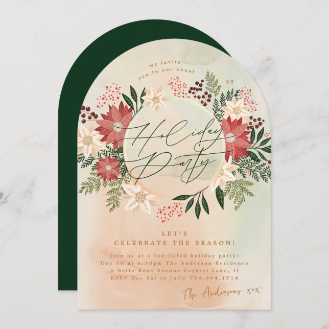 Invitation Fête classique Poinsettia Arc de couronnes (Devant / Derrière)